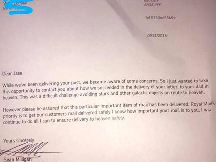 Photo non datée publiée par Teri Copland de la réponse de Royal Mail à Jase Hyndman, âgé de 7 ans, qui a écrit une lettre à son père James Hyndman in Heaven