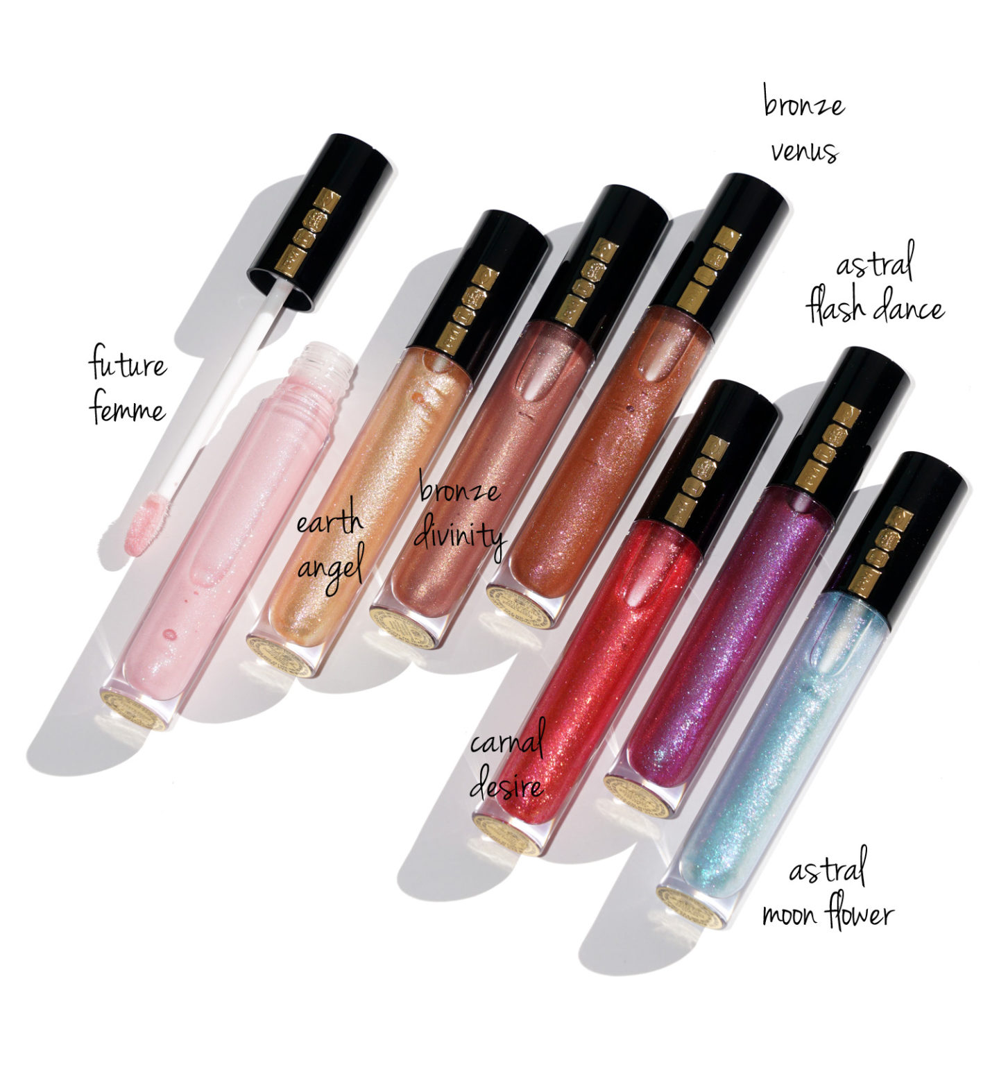 Pat McGrath Lust Gloss scintille: Future Femme, Earth Angel, Divinité Bronze, Vénus Bronze, Désir Carnal, Danse Astral Flash et Revue Astral Moon Flower | Le look book beauté