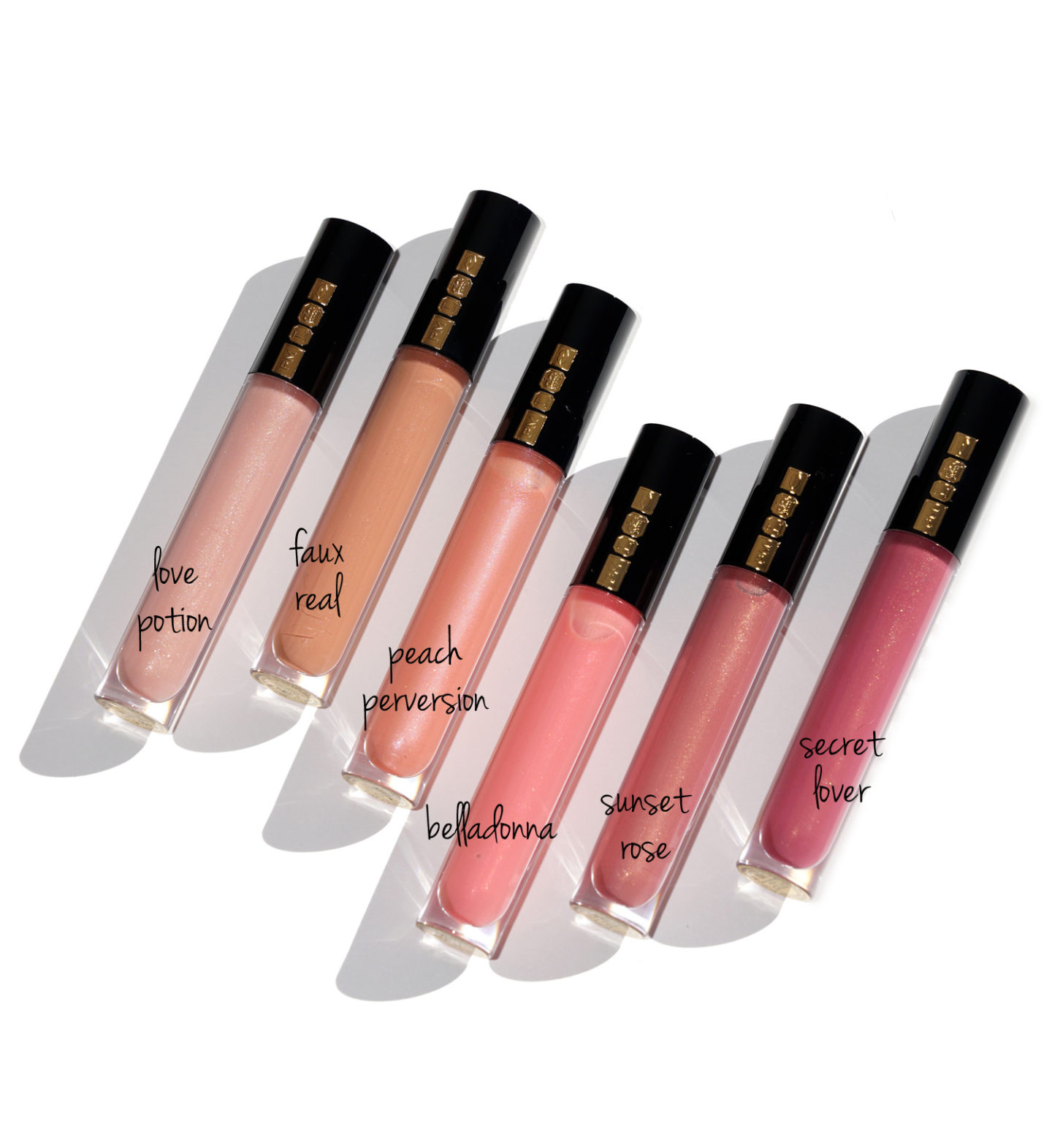 Pat McGrath LUST Gloss Printemps 2019: Potion d'amour, Faux réel, Perversion de pêche, Belladonna, Rose du coucher du soleil et amant secret 