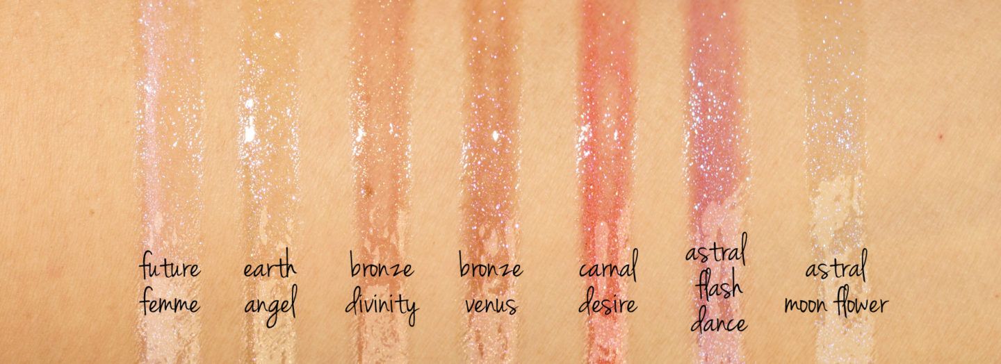 Pat McGrath Lust Gloss scintille: Femme future, Ange de la Terre, Divinité de bronze, Vénus de bronze, Désir charnel, Danse flash astrale et Échantillons de fleurs de lune astrale | Le look book beauté