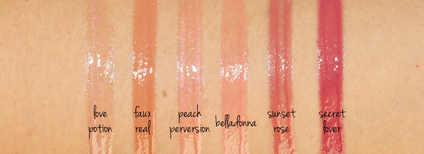 Pat McGrath LUST Gloss Printemps 2019: Échantillons de potion d'amour, de faux réel, de perversion de pêche, de Belladonna, de Sunset Rose et d'amoureux secret | Le look book beauté