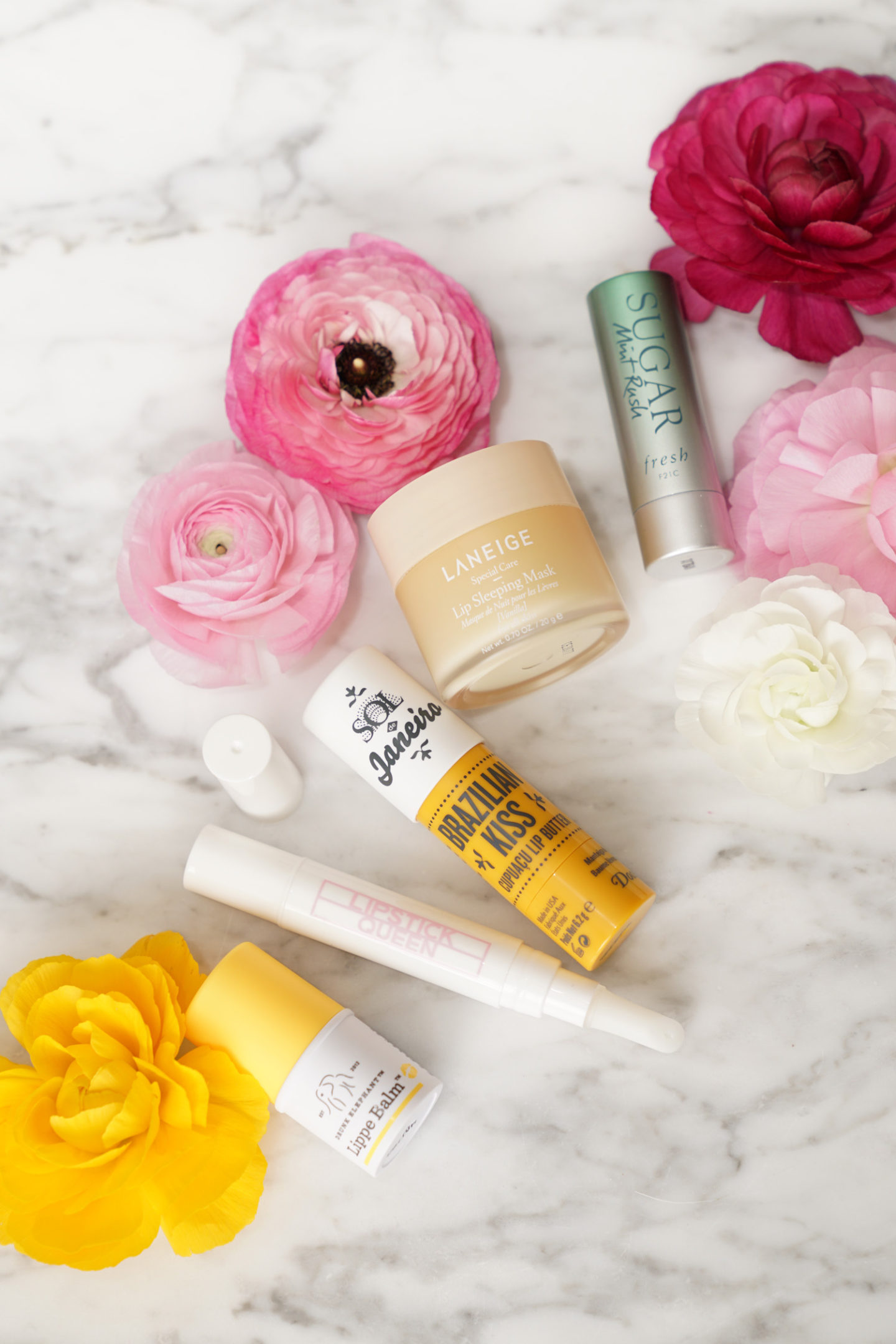 Baume à lèvres clair de Drunk Elephant, Lipstick Queen, Sol Janeiro, Laneige et Fresh
