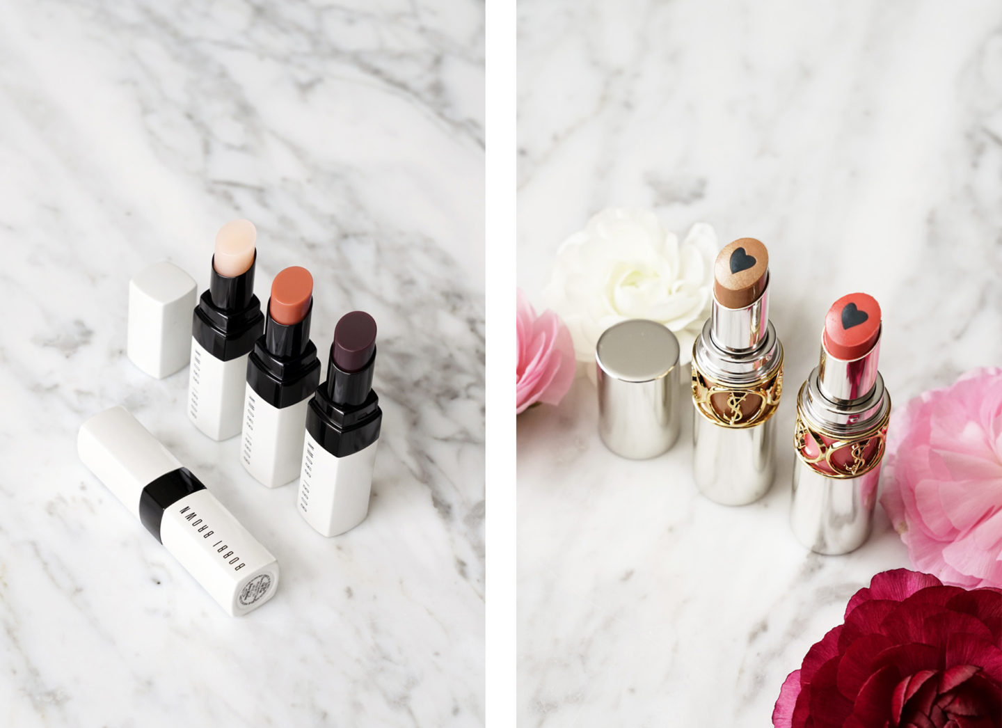 Rouge à lèvres Bobbi Brown Extra en rose nu, nu nu et nu à la mûre YSL Volupte dodue en couleur