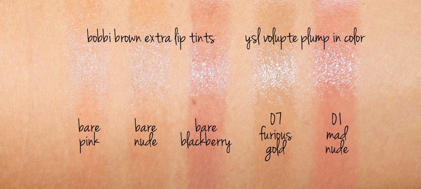Teinte à lèvres Bobbi Brown Extra en nu nu, nu nu et nu de Blackberry YSL Volupte dodue en nuances de couleurs Mad Nude et Furious Gold