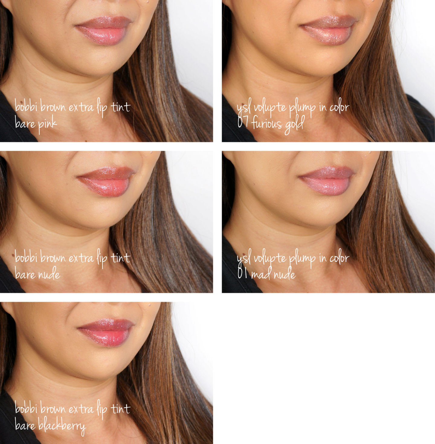 Bobbi Brown Extra Teinte à lèvres rose nu, nu nu et nu Blackberry YSL volupte charnu en couleur Mad Nude et Furious Gold swatches lips