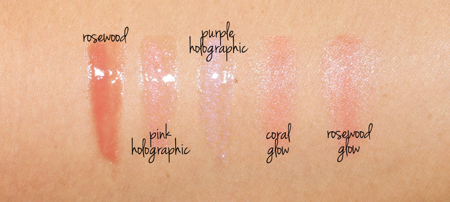Dior Lip Maximizer Palissandre, Holographique Pourpre, Holographique Rose, Lip Glow to the Max dans des échantillons de corail et de palissandre