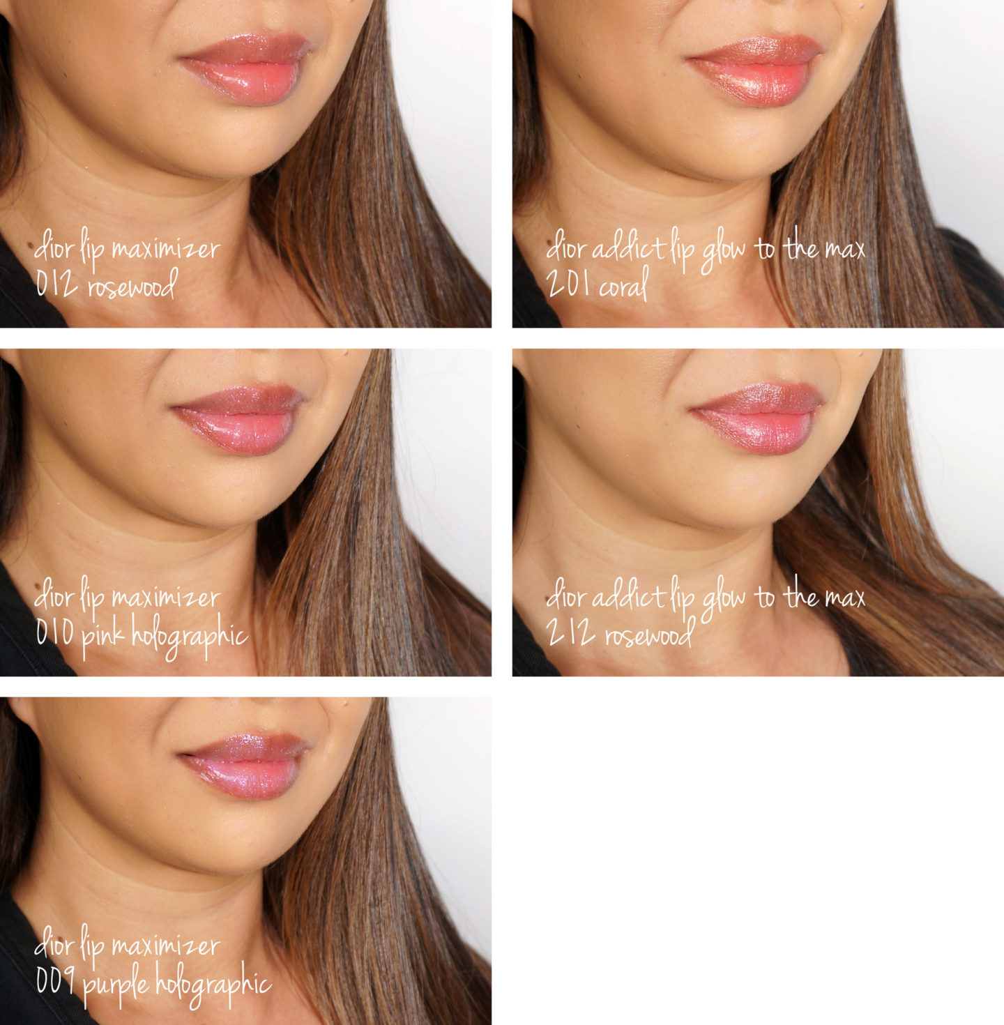 Dior Lip Maximizer Palissandre, Holographique Pourpre, Holographique Rose, Lip Glow to the Max en échantillons de lèvre corail et palissandre