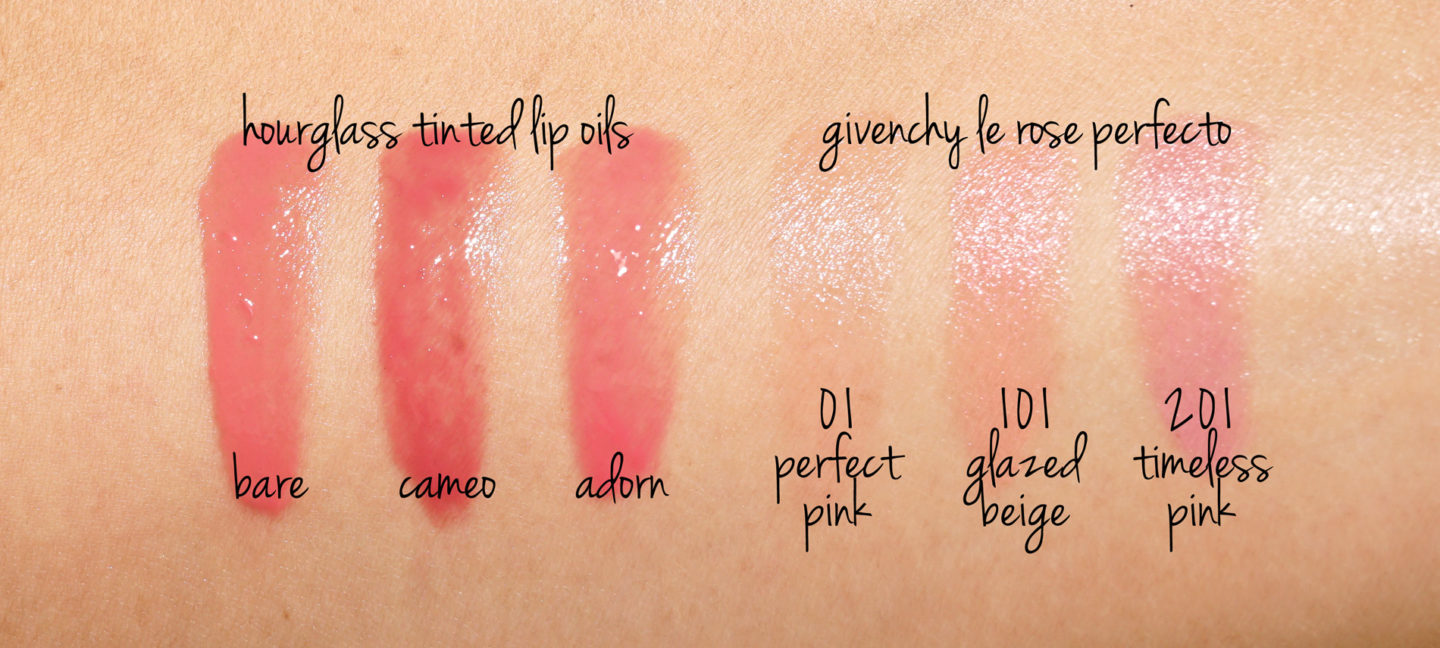 Huiles à lèvres teintées pour sablier Bare, Cameo and Adorn, Givenchy Le Rose Perfecto 101 et 201