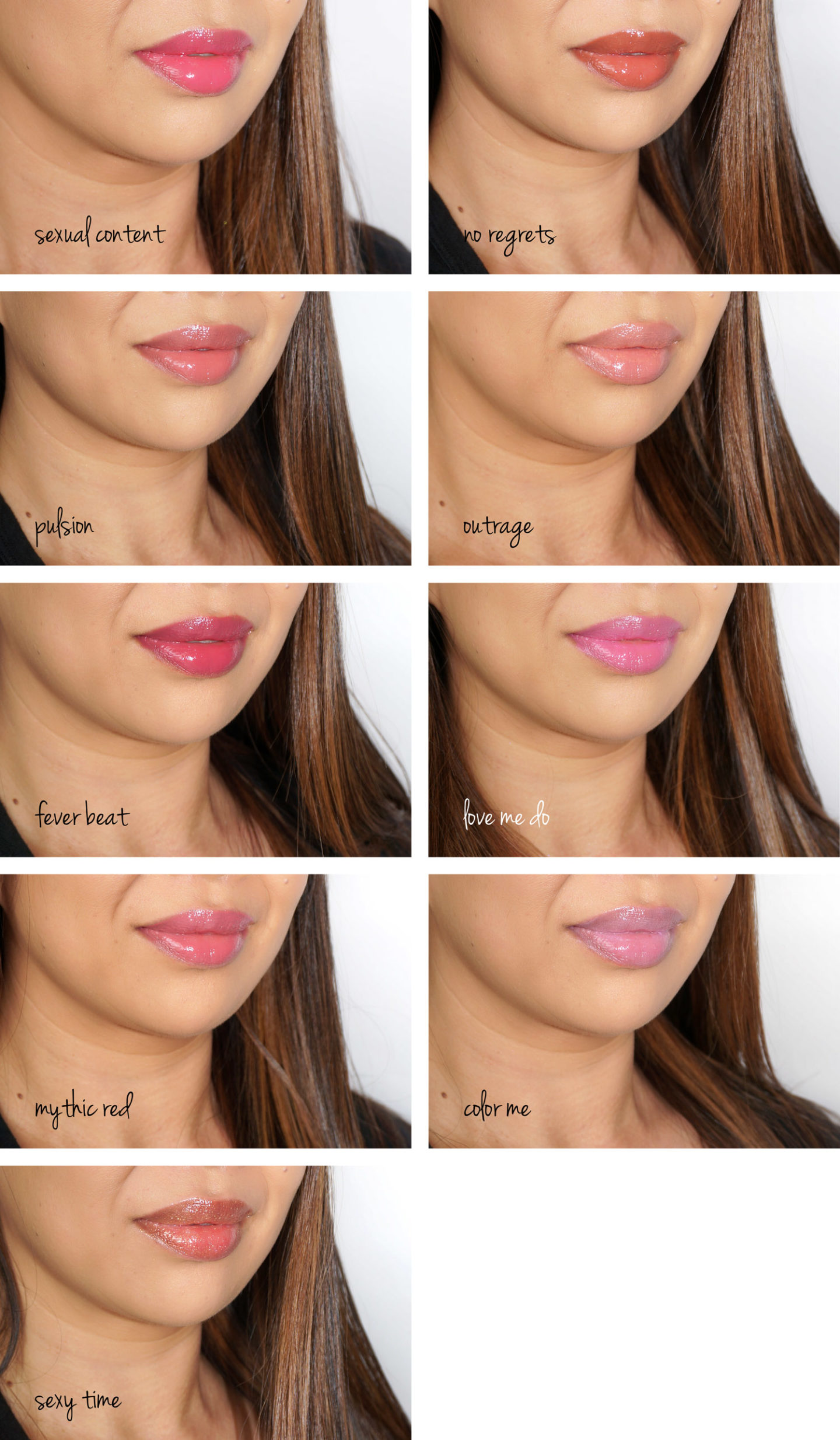 NARS Lip Gloss Extensions, Contenu sexuel, Pas de regrets, Pulsion, Outrage, Fever Beat, Love Me Do, Rouge mythique, Color Me et Sexy Time