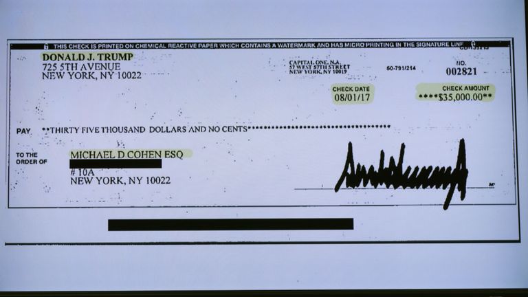 Une copie d'un chèque versé à Michael Cohen par le président Trump est affichée. Michael Cohen, ancien avocat et médiateur du président Donald Trump, témoigne devant le comité de surveillance de la Chambre des représentants de Capitol Hill, le 27 février 2019, à Washington, DC. L'année dernière, Cohen a été condamné à trois ans de prison et à une amende de 50 000 dollars pour fraude fiscale, fausses déclarations à une institution financière, contributions illicites excessives aux campagnes électorales et mensonge devant le Congrès.