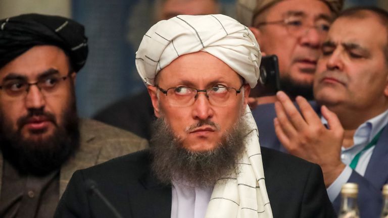 Abdul Salam Hanafi, chef adjoint du bureau politique des Talibans, lors des pourparlers de Moscou 