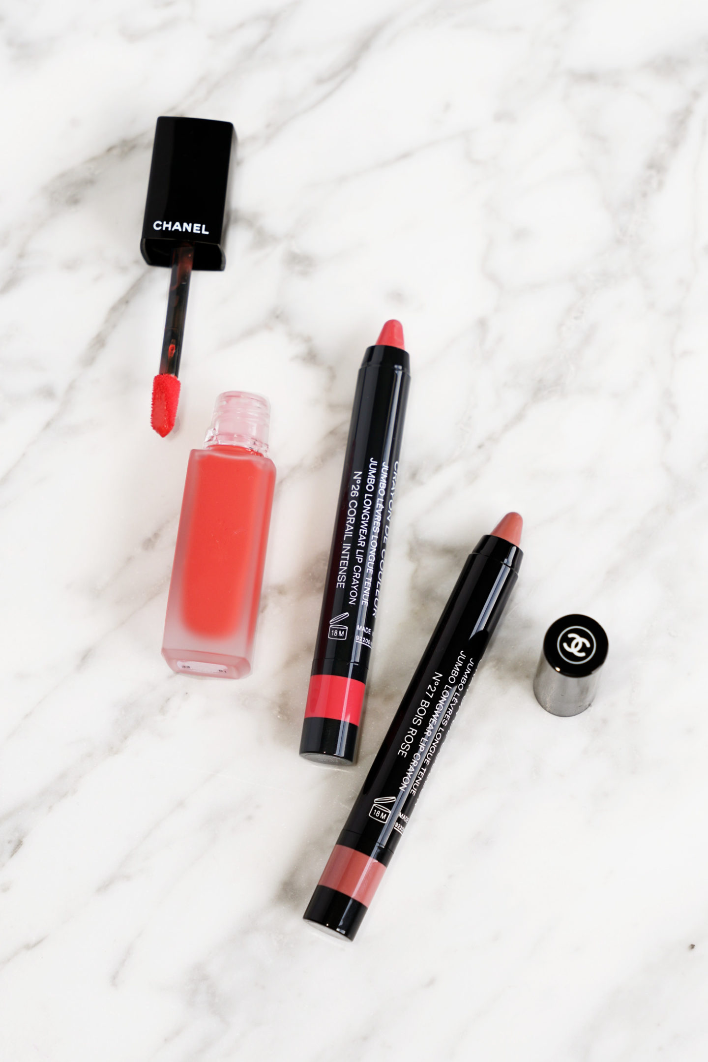 Chanel Rouge Allure Cornaline, Le Crayon Rouge Bois Rose et Corail Intense 