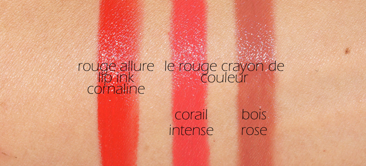 Chanel Rouge Allure Ink Cornaline, Le Crayon Rouge Bois Rose et Corail Intense swatches