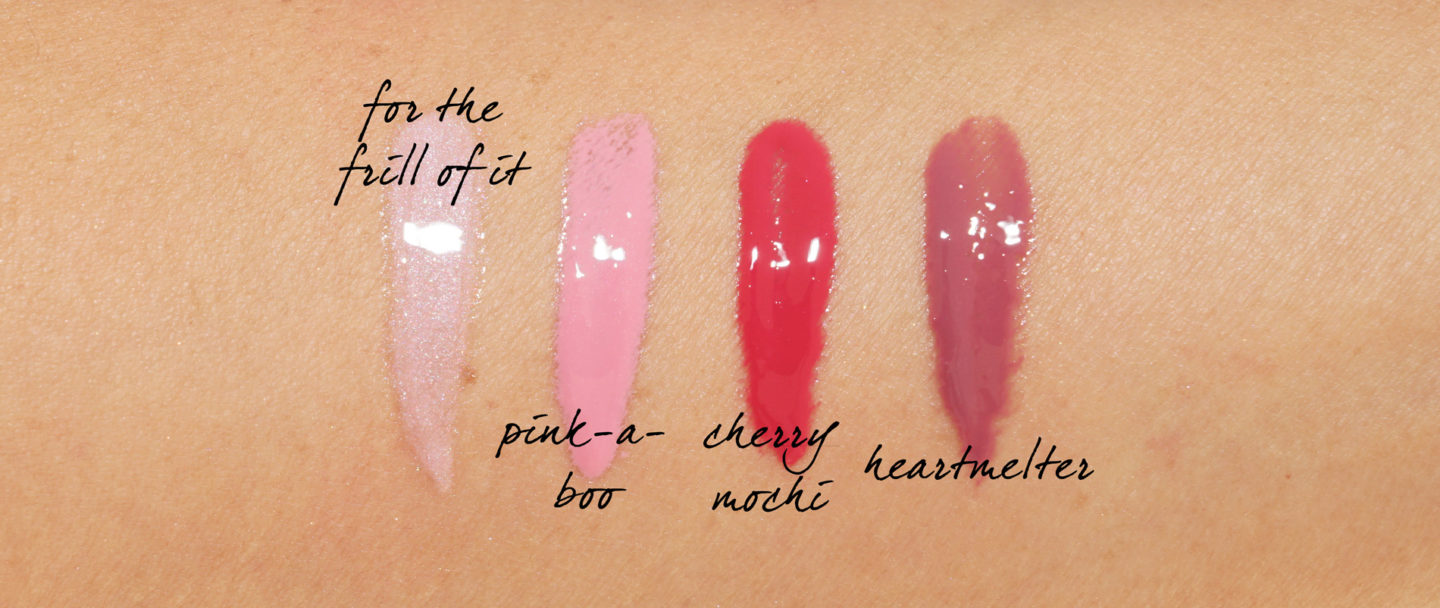 Verres à lèvres MAC Boom Boom Bloom Pour le fronceur, Pink-a-boo, Cherry Mochi et Heartmelter