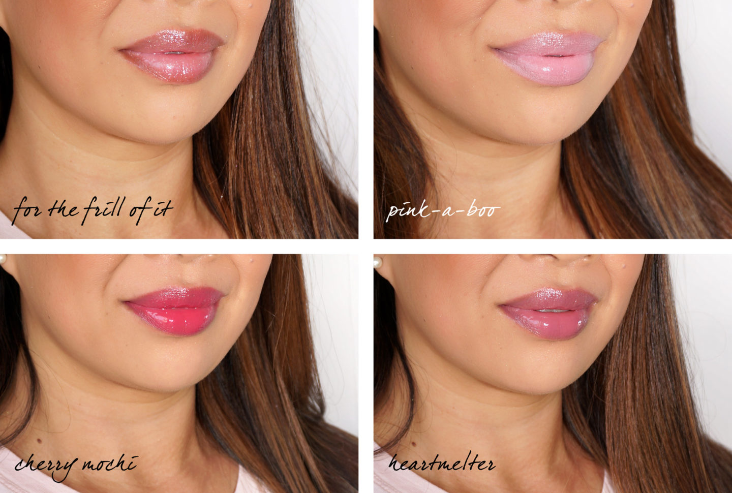 Lipglass MAC Boom Boom Bloom Pour le jonc, les nuances Pink-a-boo, Cherry Mochi et Heartmelter