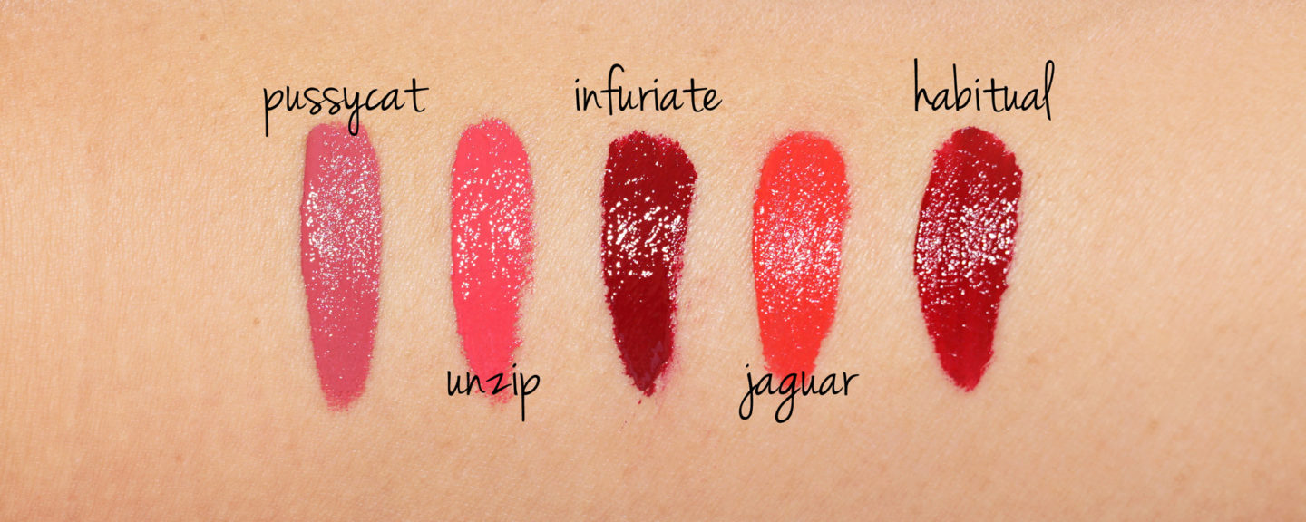 Tom Ford Lip Lacquer Luxe, échantillons Pussycat, Unzip, Infuriate, Jaguar et Habitual
