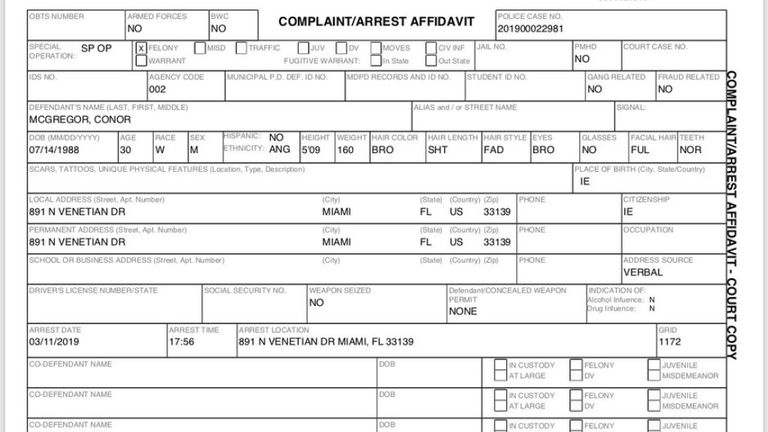 Détails de l'arrestation de Conor McGregor dans la police de Miami