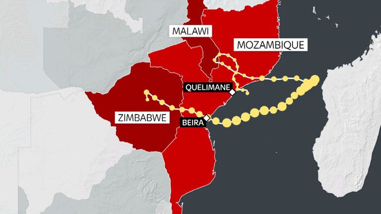 Une carte montrant le chemin du cyclone Idai
