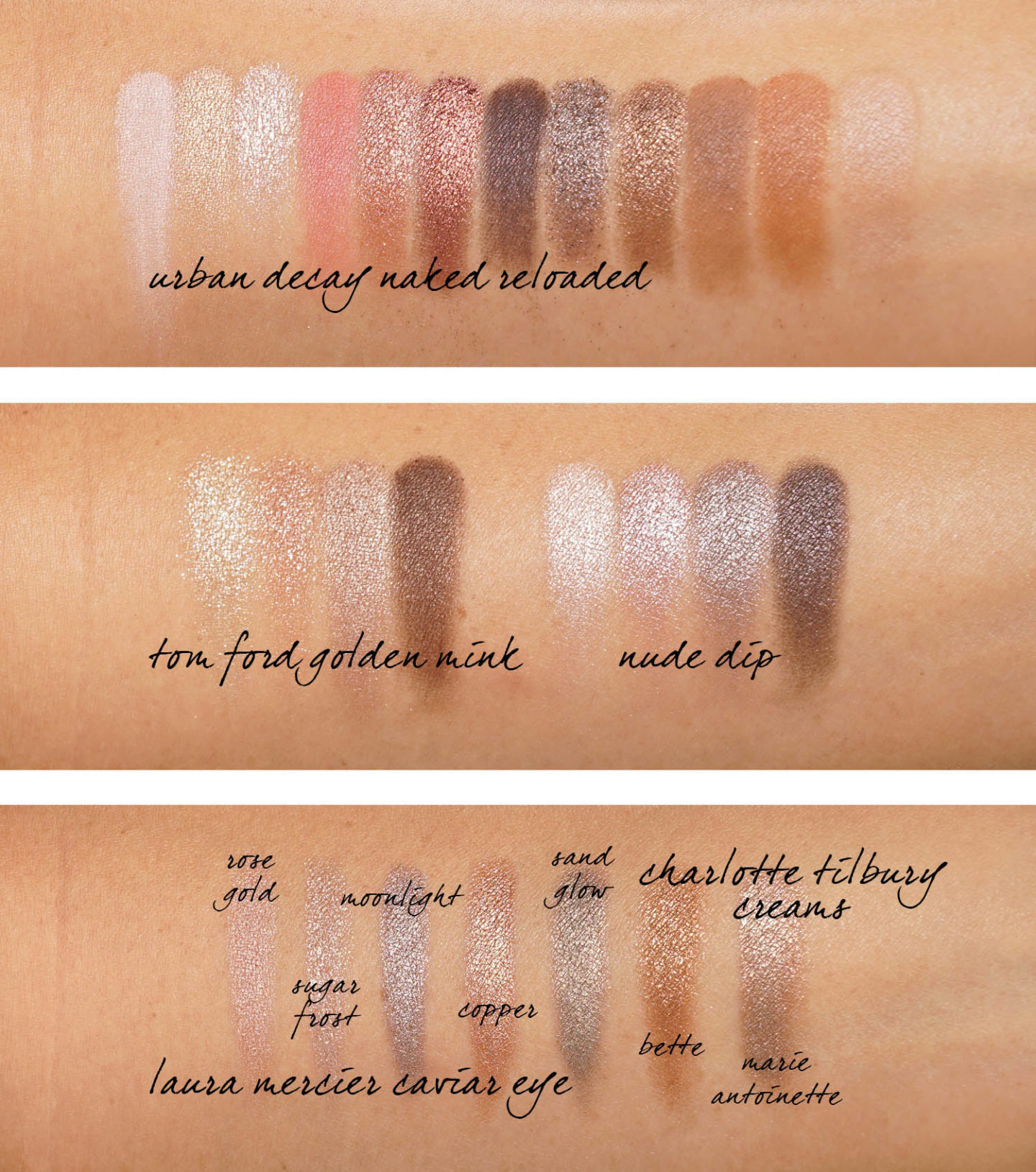 Ombre à paupières neutre Nuances Urban Decay Nue Reloaded, Tom Ford Golden Mink, Trempette Nude, Bâtons pour les yeux Laura Caviar