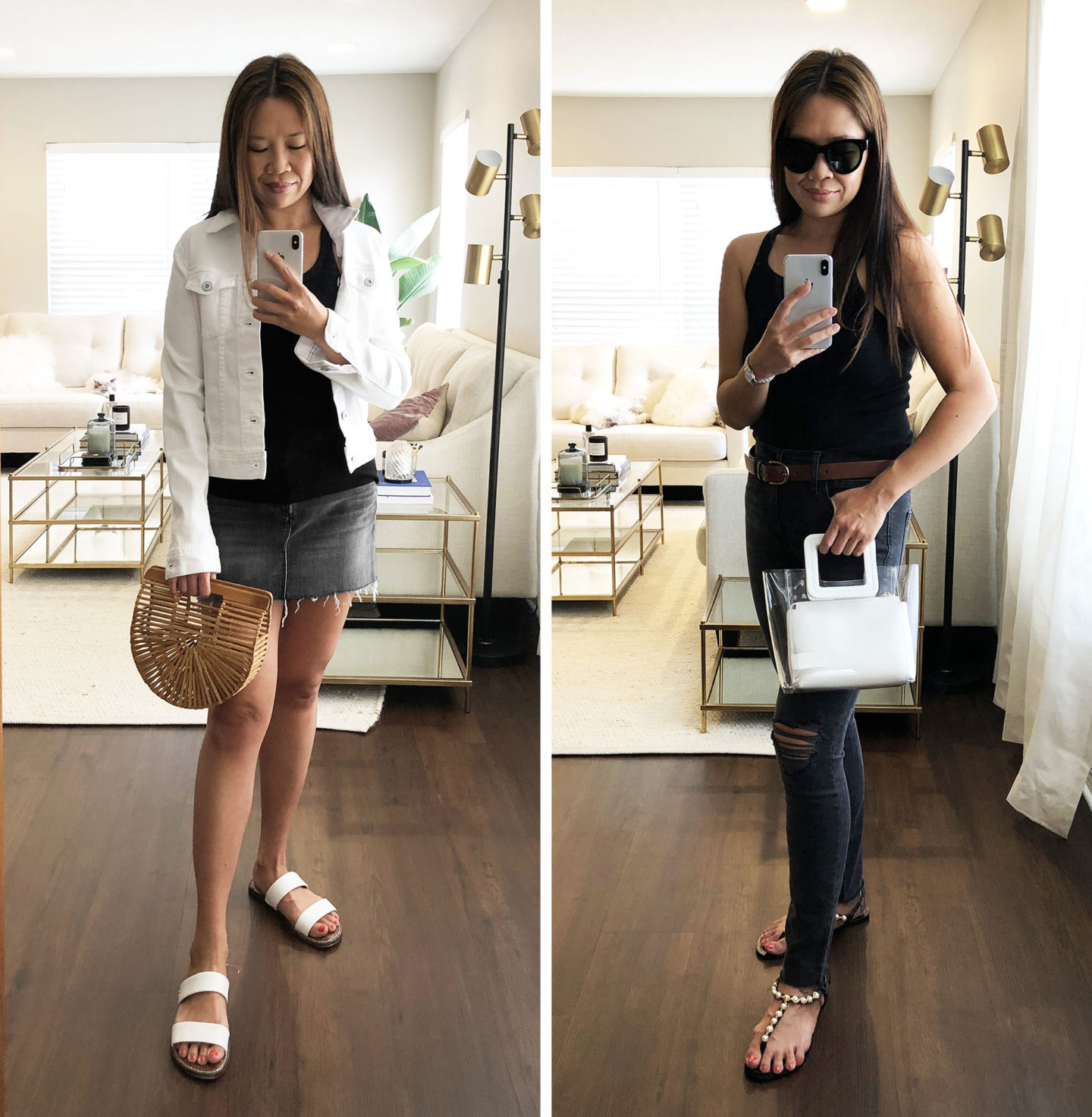 OOTD AG Robyn Veste Blanche, Jupe Mère en Jean, Arche Cult Gaia, Staud Mini Shirley, Lunettes de soleil rondes Céline