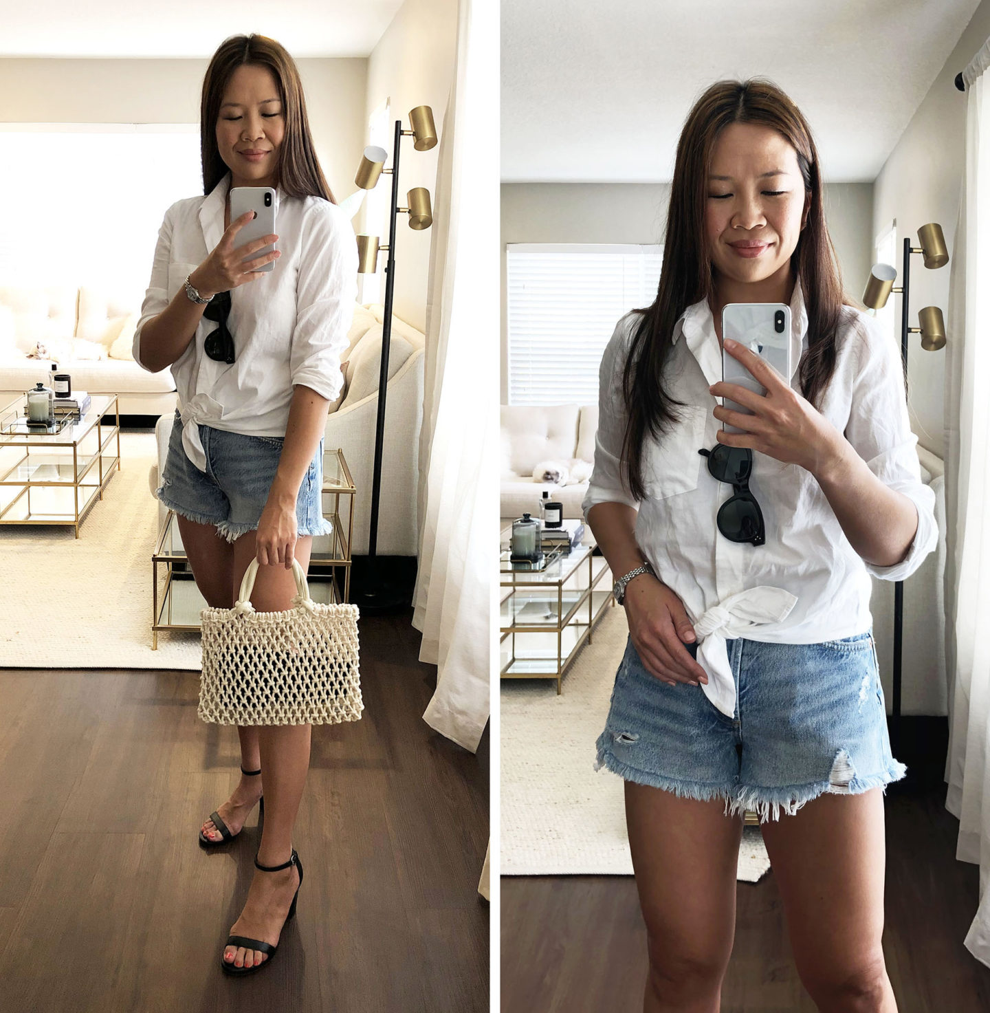 OOTD Madewell Tie Front Top, AGolde Parker shorts dans Swapmeet, Clare V Petite Sandy, Stuart Weitzman Nearlynude noir
