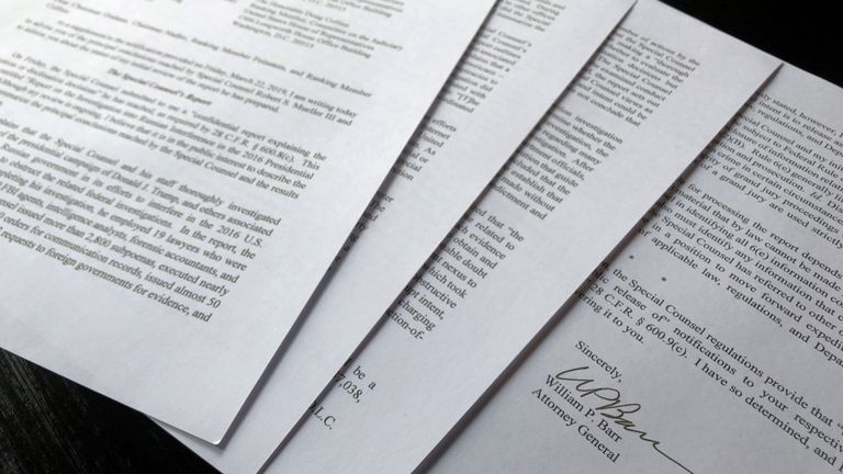 La signature du procureur général américain William Barr figure à la fin de sa lettre de quatre pages aux dirigeants du Congrès américain sur les conclusions du rapport de l'avocat spécial Robert Mueller. 