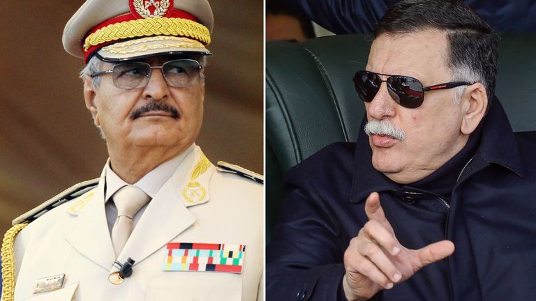 Le Premier ministre Fayez al-Sarraj (à droite) et le Khalifa Haftar, homme fort libyen au gouvernement d'union libyenne