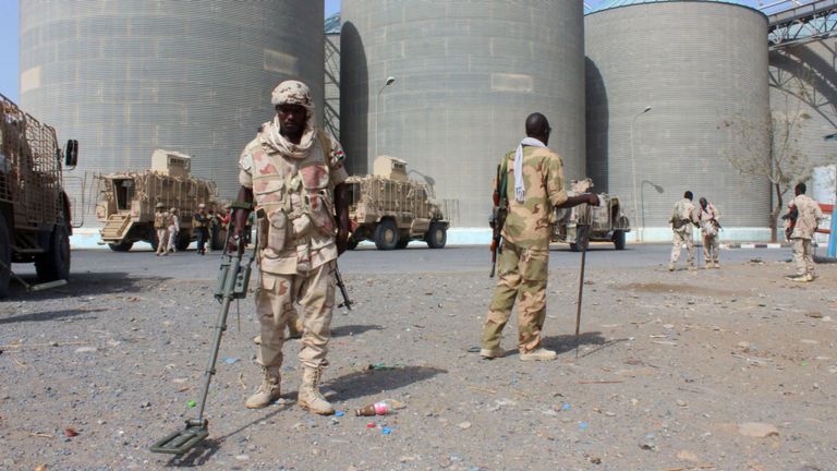 Les troupes qui font partie d'une coalition militaire soutenue par les Saoudiens détectent des mines à Red Sea Mills
