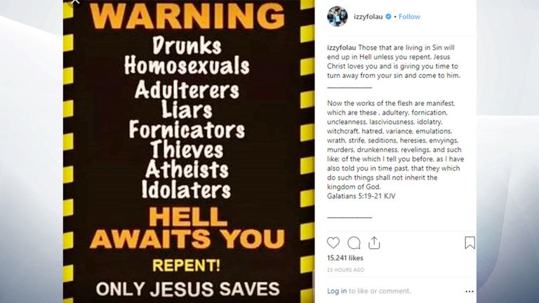 Publication Instagram d'Izzy Folau
