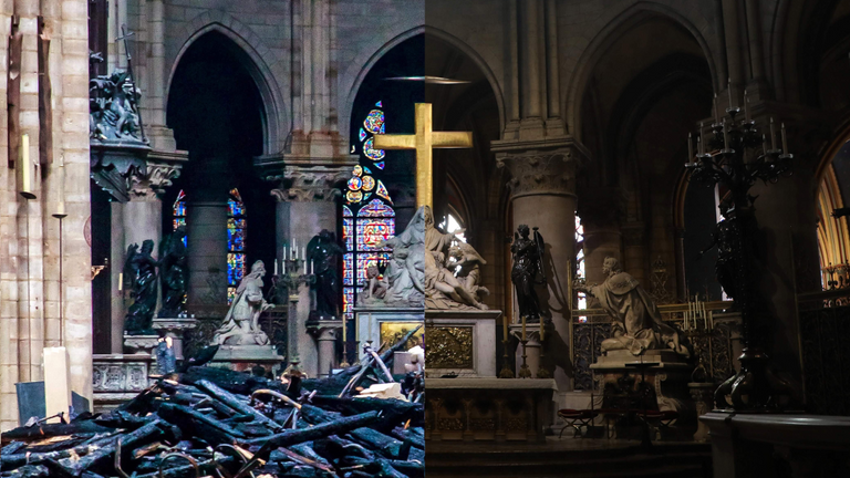 Avant et après qu'un énorme incendie se déclare dans la rue Notre-Dame
