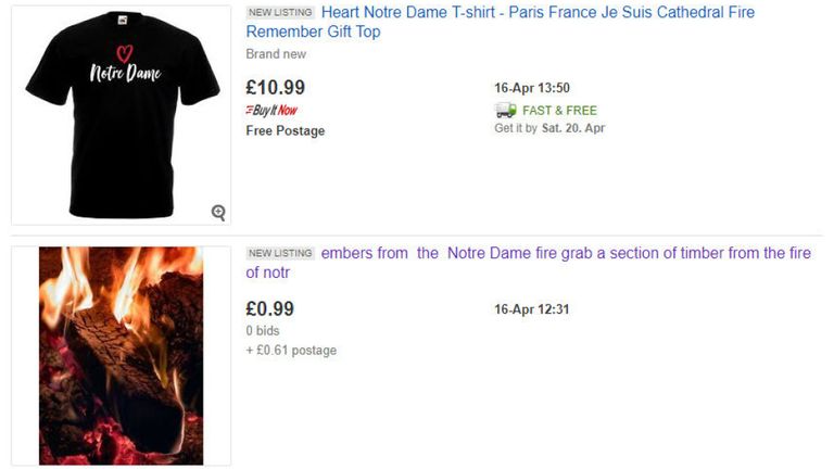 eBay a déclaré ne pas tolérer la vente d'objets qui cherchent à tirer profit de la souffrance ou de la tragédie humaines.