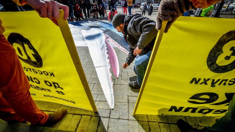 Des militants de Greenpeace arborent des banderoles jaunes devant le monument dédié au scientifique russe Kliment Timiryazev, à Moscou, le 2 avril 2019, alors qu'ils protestaient contre le fait que 11 orques et 87 bélugas soient entassés dans de petits enclos dans une installation sécurisée en Extrême-Orient. ville de Nakhodka