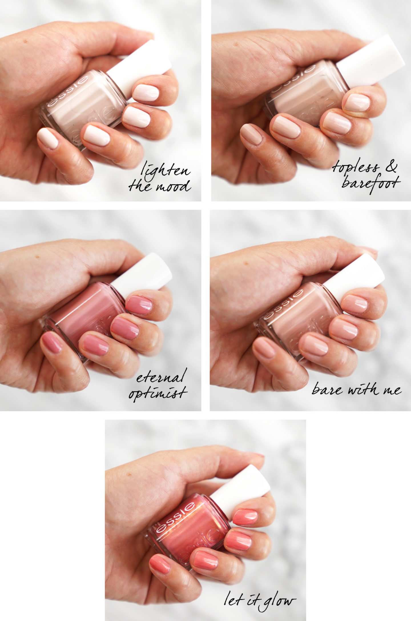 Essie Neutral Polishes, Lighten the Mood, Pieds nus pieds nus, Optimiste éternel, Bare with Me et Let It Glow