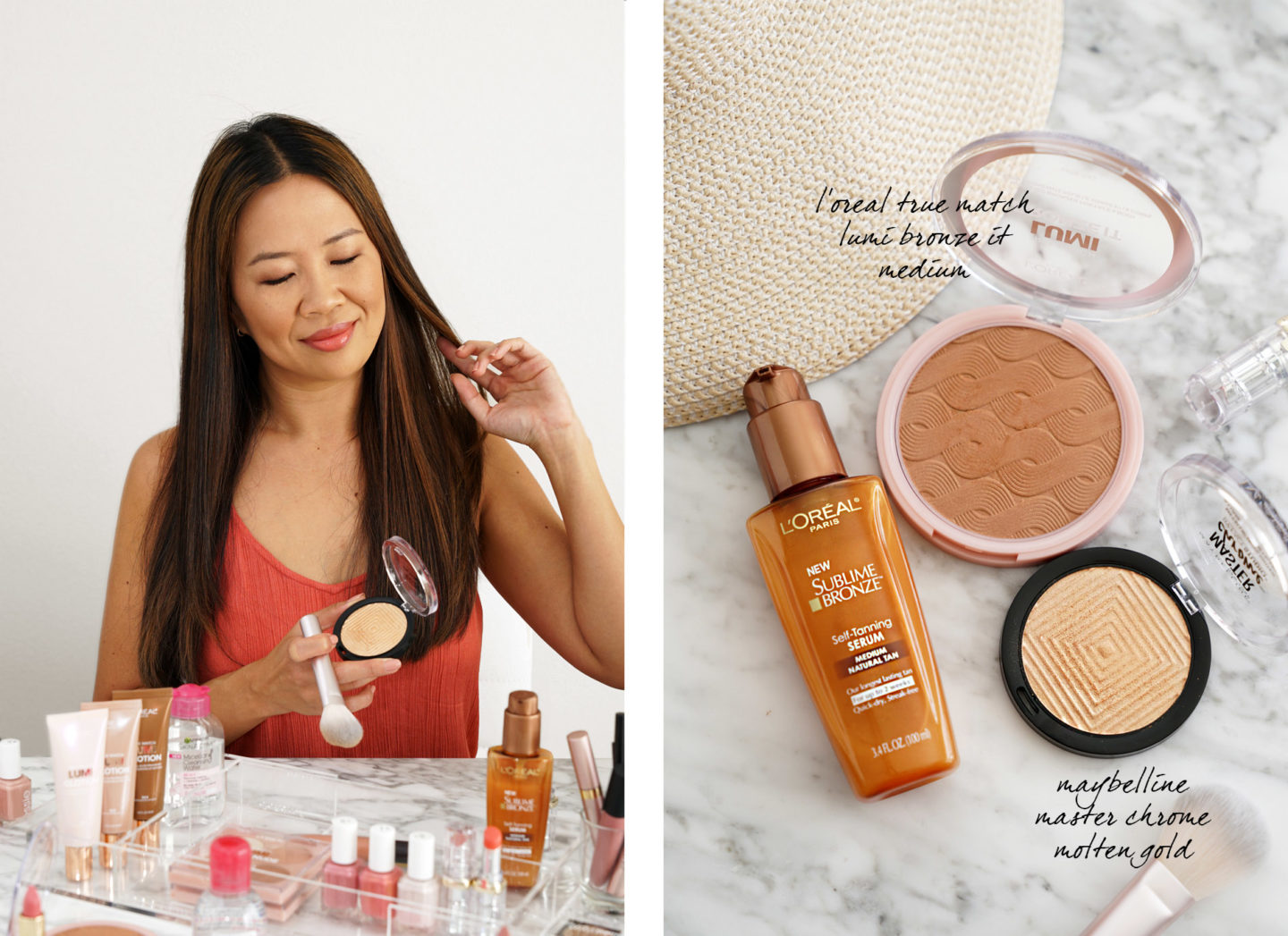 L'Oréal True Match Lumi Bronze It Medium et Maybelline Master en chrome fondu et or