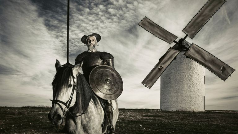 Don Quichotte sur son cheval osseux à la campagne