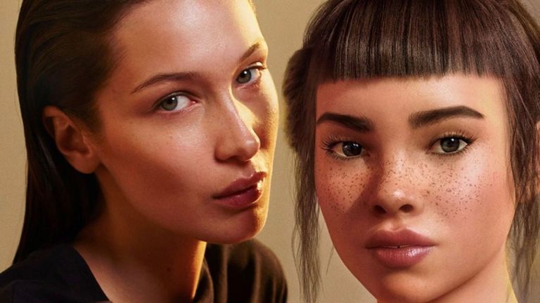 Hadid apparaît dans la campagne publicitaire avec le personnage numérique Lil Miquela. Pic: Instagram / @lilmiquela