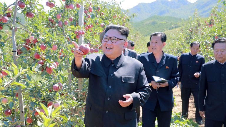 Cette photo non datée publiée par l'agence de presse centrale coréenne (KCNA) le 21 septembre 2017 montre le dirigeant nord-coréen Kim Jong-Un en visite dans une ferme fruitière du comté de Kwail-? P, dans la province de Hwanghae du Sud. / AFP PHOTO / KCNA VIS KNS ET AFP PHOTO / STR / Corée du Sud OUT / REPUBLIQUE DE CORÉE OUT --- NOTE DE LA RÉDACTION --- LIMITATION À L'USAGE ÉDITORIAL - CRÉDIT OBLIGATOIRE 