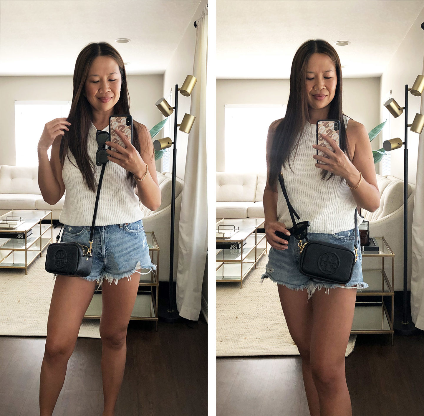 Haut côtelé lilas OOTD Reformation, short coupe-feu AGolde Parker, mini sac Bombe Tory Burch Perry 
