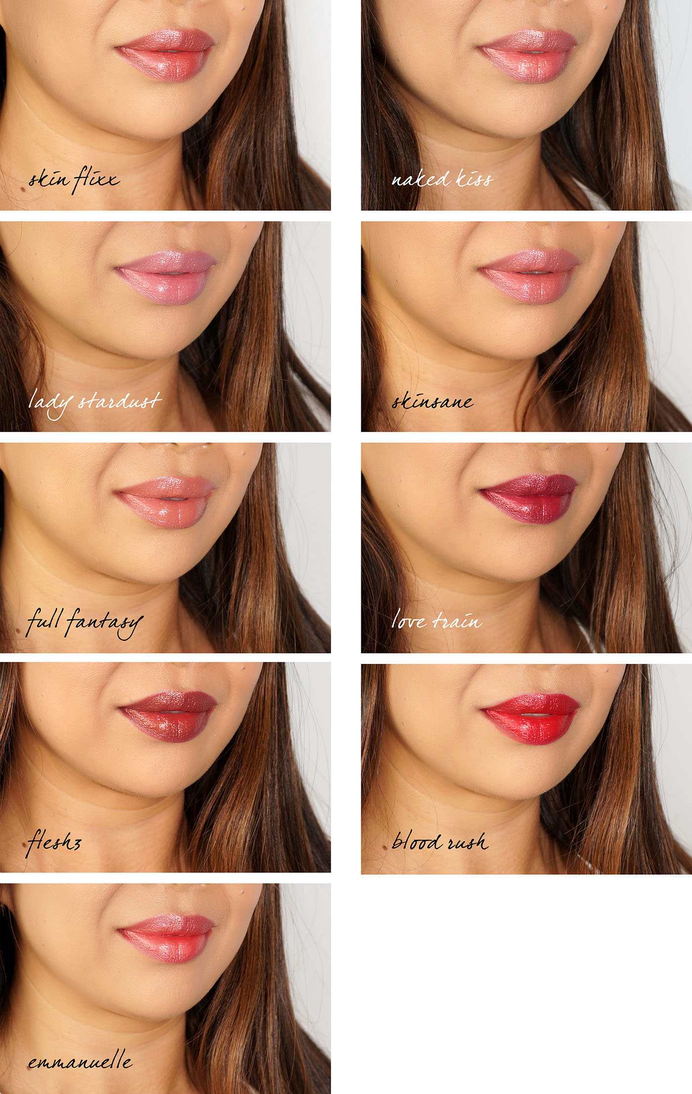 Rouge à lèvres Pat McGrath BlitzTrance Nouvel examen de Summer Shades et échantillons. Skin Flixx, Baiser nu, Lady Stardust, Skinsane, Full Fantasy, Train de l'amour, Chair3, Ruée de sang, Emmanuelle