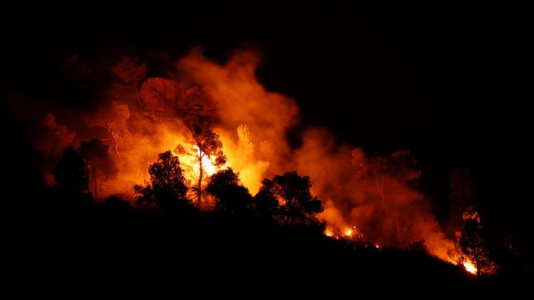 Des arbres brûlent lors d'un incendie de forêt près de Maials, à l'ouest de Tarragone, en Catalogne