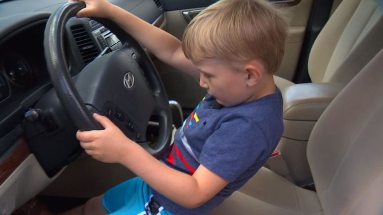 Le jeune garçon est à peine capable de voir au volant. PIC: Fox News