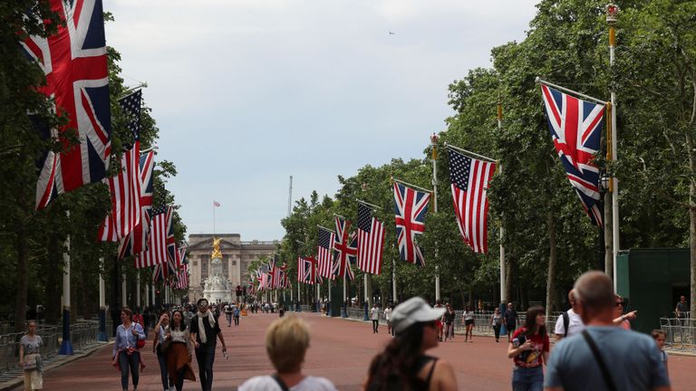 Le drapeau américain s'aligne sur le centre commercial menant au palais de Buckingham