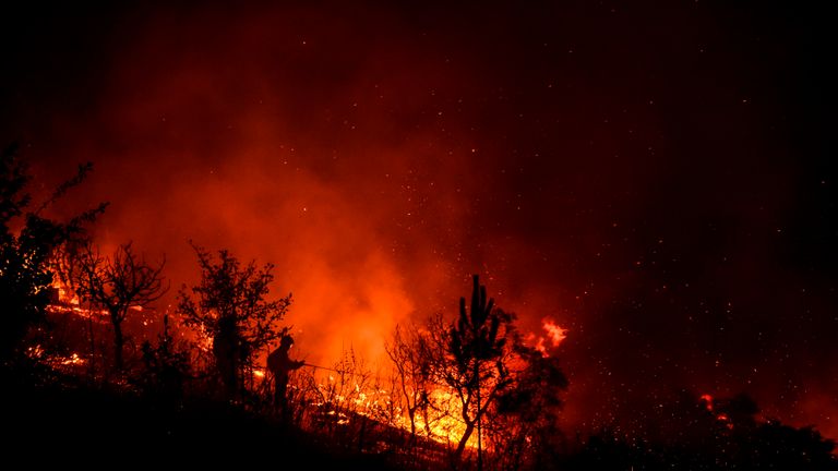 Un pompier s'attaque à un feu de forêt à Amendoa à Macao, dans le centre du Portugal, le 21 juillet 2019. - Plus d'un millier de pompiers se sont battus pour maîtriser les incendies dans le centre du Portugal qui ont forcé des évacuations de villages, dans une région où des dizaines de personnes ont été tuées dans d'immenses incendies en 2017. Les pompiers ont été déployés pour lutter contre trois incendies dans la région montagneuse et fortement boisée de Castelo Branco, à 200 kilomètres au nord de Lisbonne, selon le site internet de la Protection civile. (Photo de PATRICIA DE MELO MOREIRA / AFP) (Le crédit photo devrait se lire PATRICIA DE MELO MOREIRA / AFP / Getty Images)