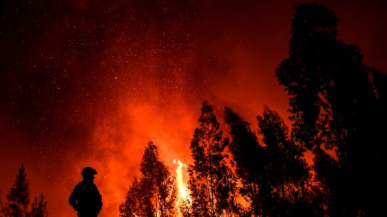 Un pompier surveille la progression d'un feu de forêt à Amendoa à Macao, dans le centre du Portugal, le 21 juillet 2019. - Plus d'un millier de pompiers se sont battus pour maîtriser les incendies dans le centre du Portugal qui ont forcé des évacuations de villages, dans une région où des dizaines de personnes ont été tuées dans d'immenses incendies en 2017. Les pompiers ont été déployés pour lutter contre trois incendies dans la région montagneuse et fortement boisée de Castelo Branco, à 200 km au nord de Lisbonne, selon le site internet de la Protection civile. (Photo de PATRICIA DE MELO MOREIRA / AFP) (Le crédit photo devrait se lire PATRICIA DE MELO MOREIRA / AFP / Getty Images)