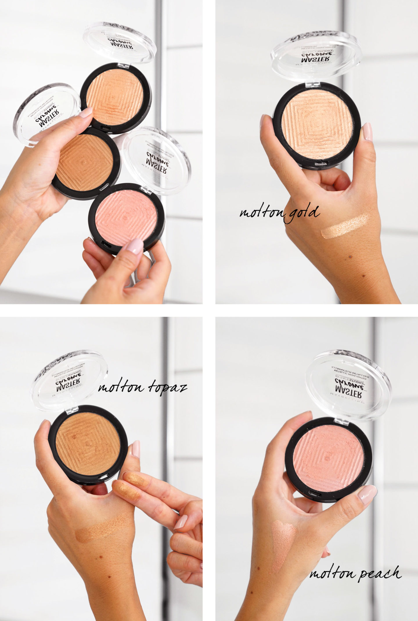 Maybelline Master Surligneurs Chrome Molton Gold, Molton Peach et Molton Topaz
