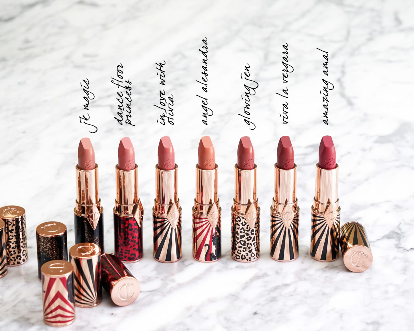 Charlotte Tilbury Hot Lips 2.0 dans JK Magic, Dance Floor Princess, En amour avec Olivia, Jen éclatante, Viva La Vergara, Amazing Amal