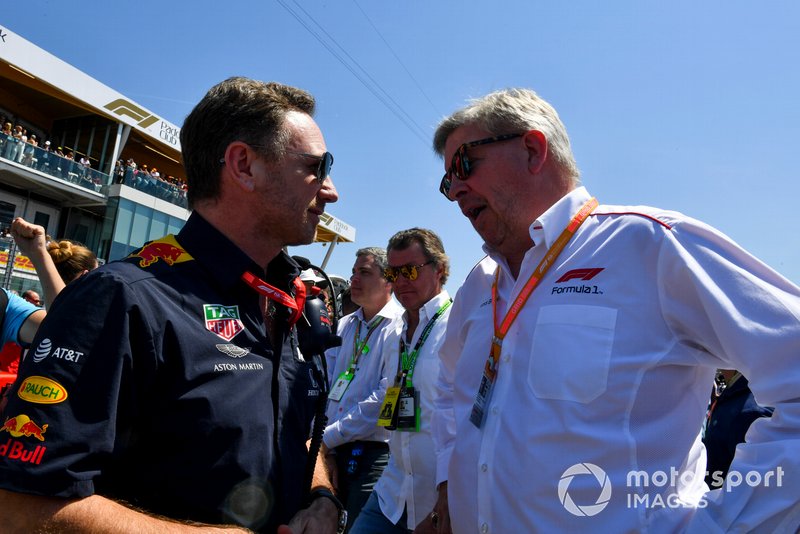 Christian Horner, directeur de léquipe Red Bull Racing et Ross Brawn, directeur général du sport automobile, FOM sur la grille