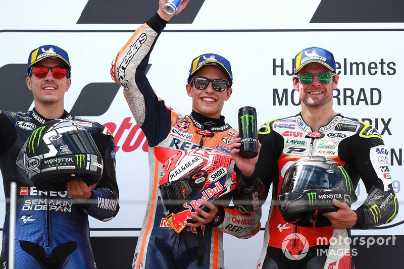 Podium: vainqueur de la course Marc Marquez, Repsol Honda Team, deuxième place Maverick Vinales, Yamaha Factory Racing, troisième place Cal Crutchlow, Team LCR Honda