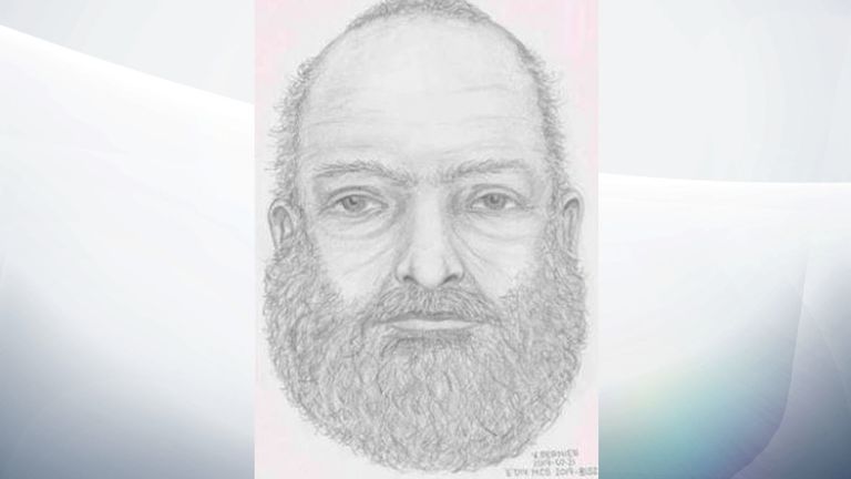 La police a publié un croquis de l'homme non identifié, au corps épais, à la barbe grise et aux cheveux gris. Pic: GRC