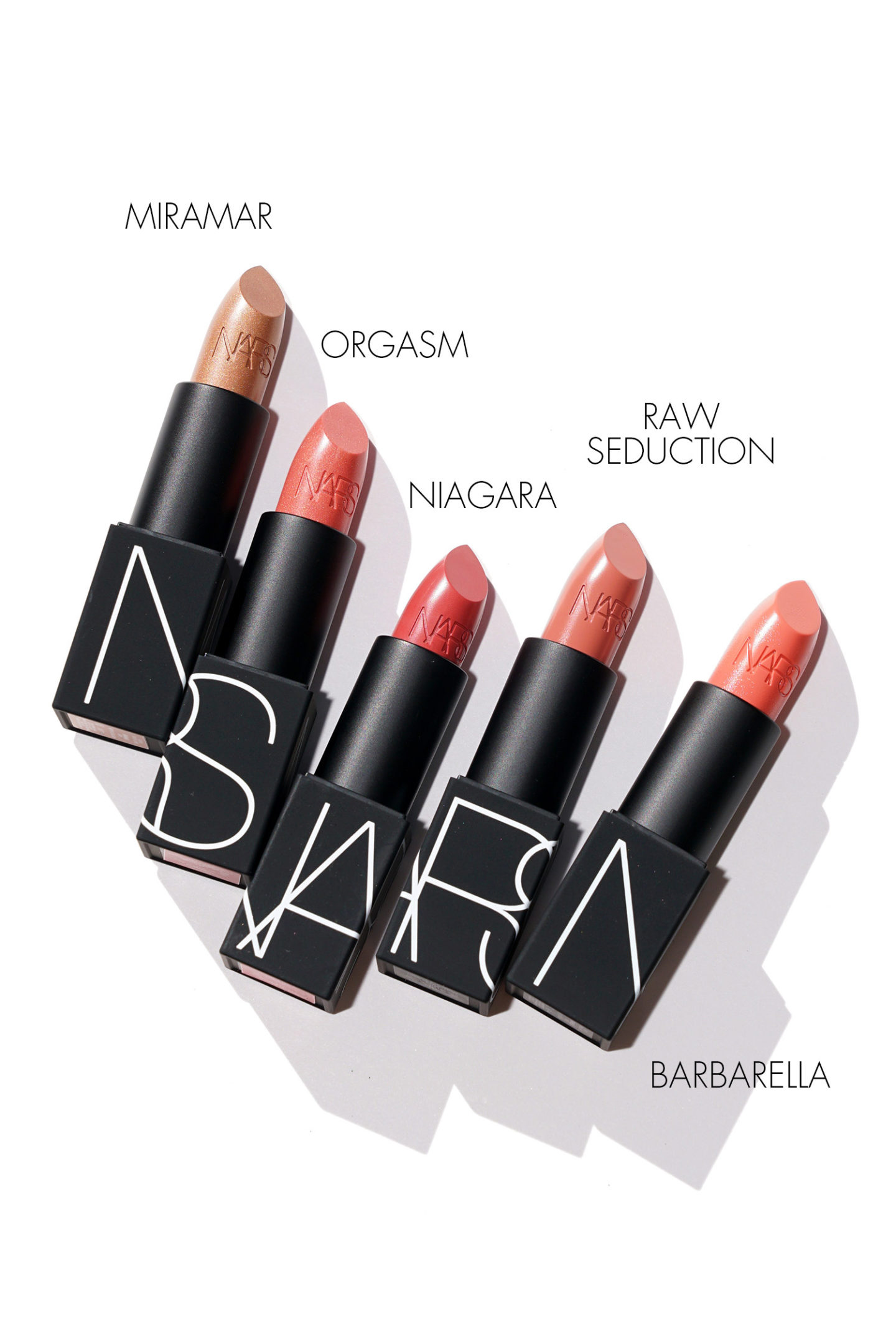 NARS Rouge à lèvres Miramar, Orgasm, Niagara, Raw Seduction, Barbarella